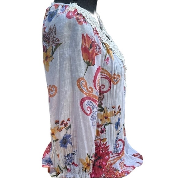 Spense Floral Tunic Top Embroidered Neck Cream Semi Sheer Long Sleeve - Picture 6 of 11